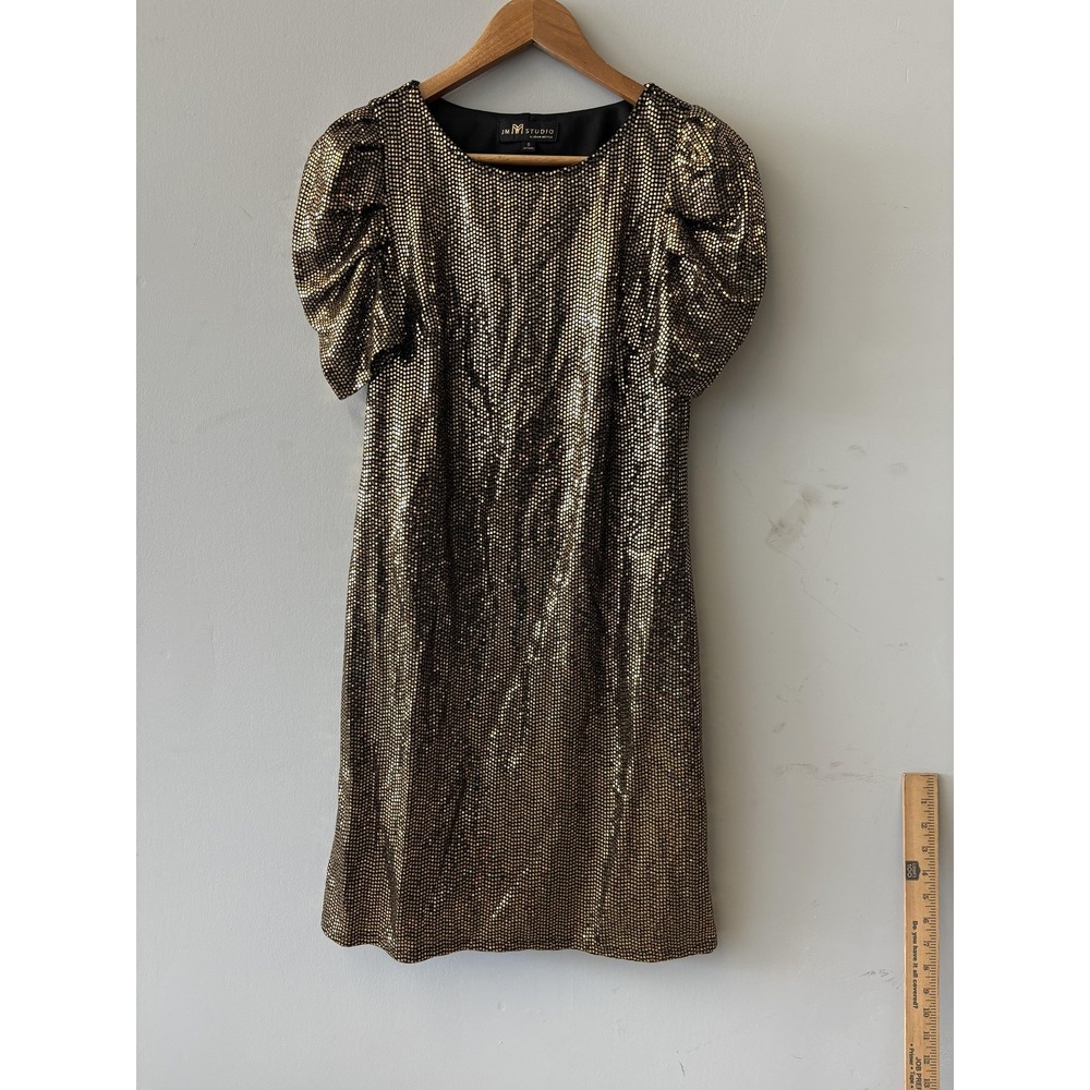 JM Studio By John Meyer Dress‎ Womens 6 Gold Sequin Puff Sleeve Shift Short